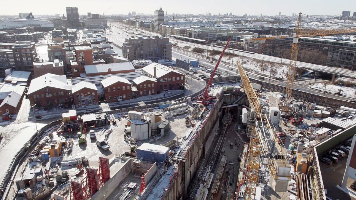 Et overblik over Züblin A/S metrobyggeplads i Nordhavn. Foto: Züblin.