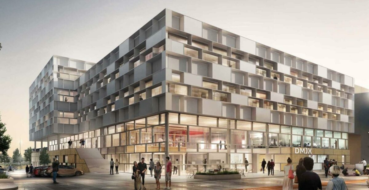 Den nye journalisthøjskole i Aarhus er et af JFP's mange projekter, der allerede ligger i ordrebogen. Visualisering: Arkitema.
