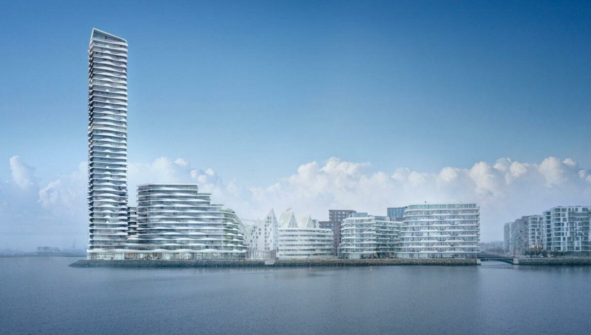 Sådan bliver projektet, når det om tre-fire år er opført på Aarhus Ø. Visualisering: 3XN.