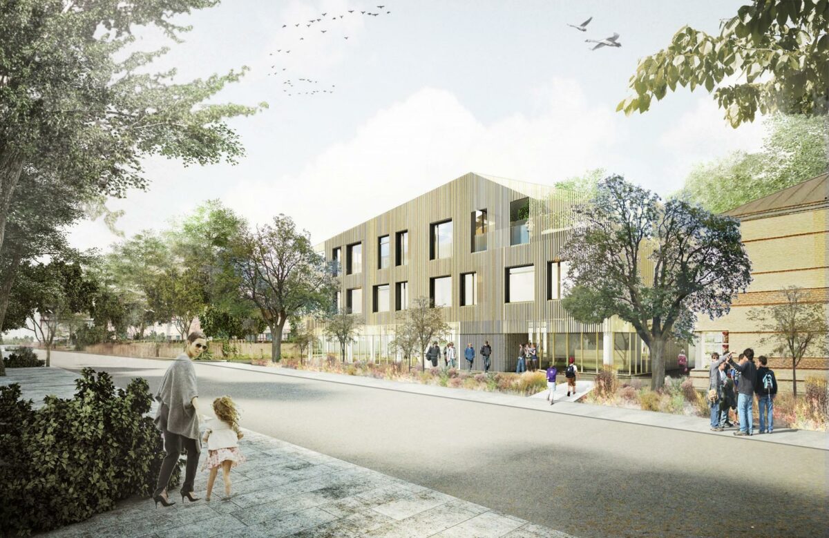 Skolen på Duevej på Frederiksberg bliver den første danske skole med DGNB-certificering. Illustration: AART Architects.