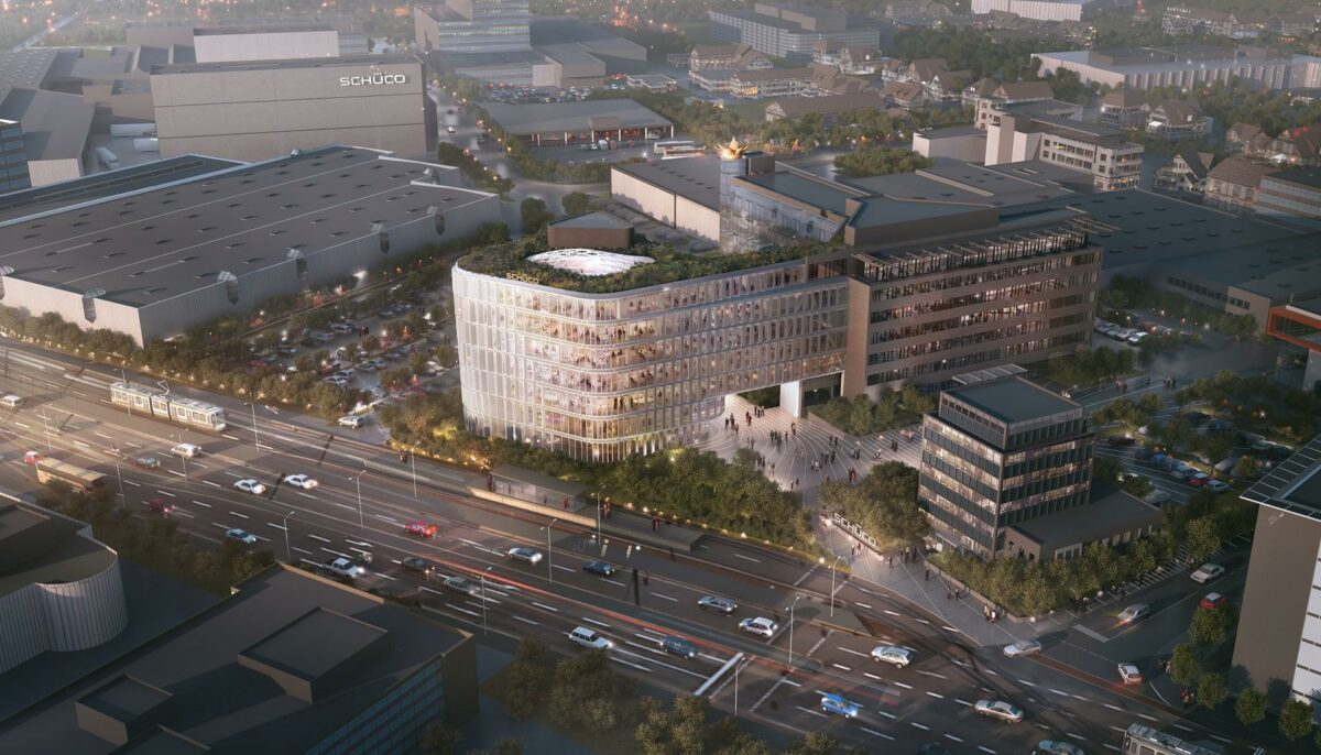 3XN har lagt streger til Schücos nye hovedbygning i Bielefeld. Visualisering: 3XN.