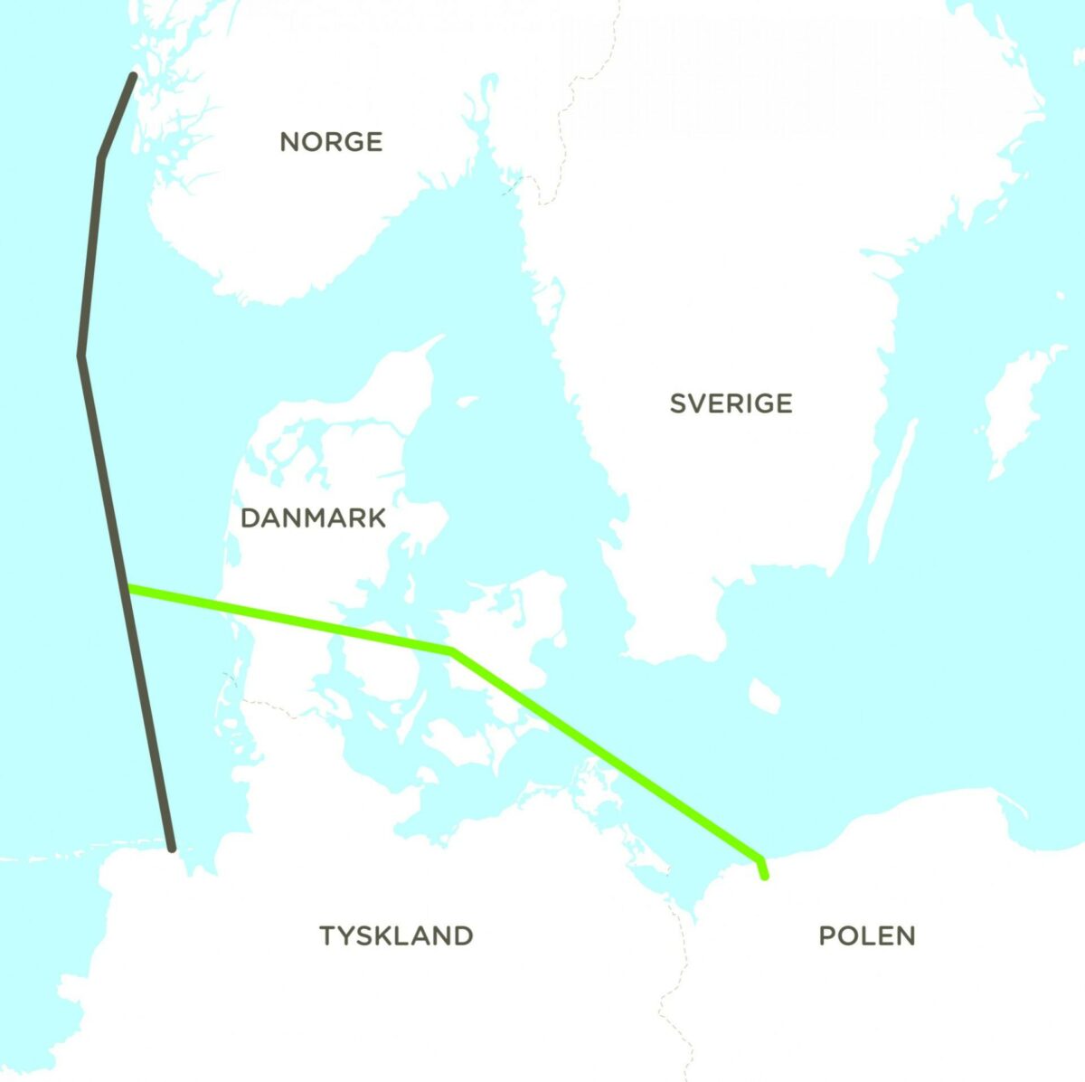 Den grønne streg er en grov skitse af gasledningens linjeføring. Presseillustration.