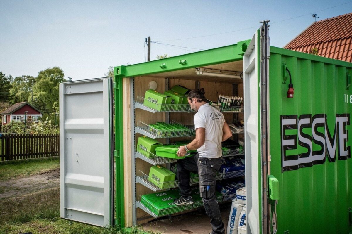 Med Esscon får man leveret en komplet container med reoler og skuffer til kufferter. Foto: Essve.