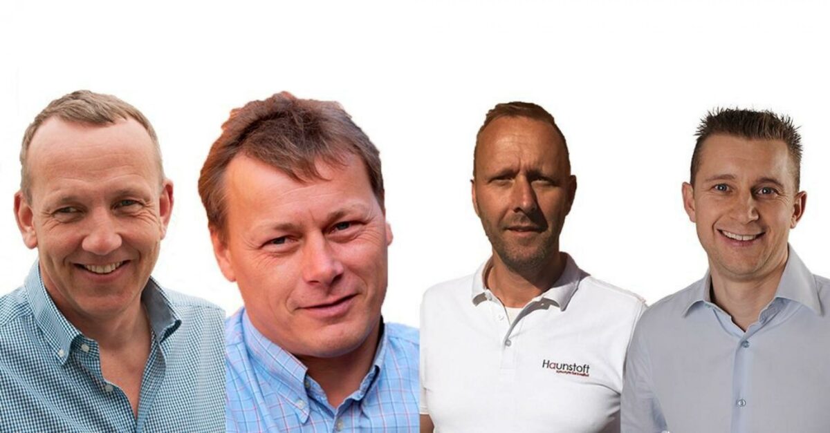 Bag PCB Forsegling står (v-h): Jens Jensen, entreprenør og ejer af nedrivningsfirmaet J. Jensen, Klaus Bodilsen, teknisk direktør fra entreprenørfirmaet Tscherning A/S, Jesper Haunstoft, direktør i malervirksomheden Haunstoft A/S og Daniel Clausen, partner.