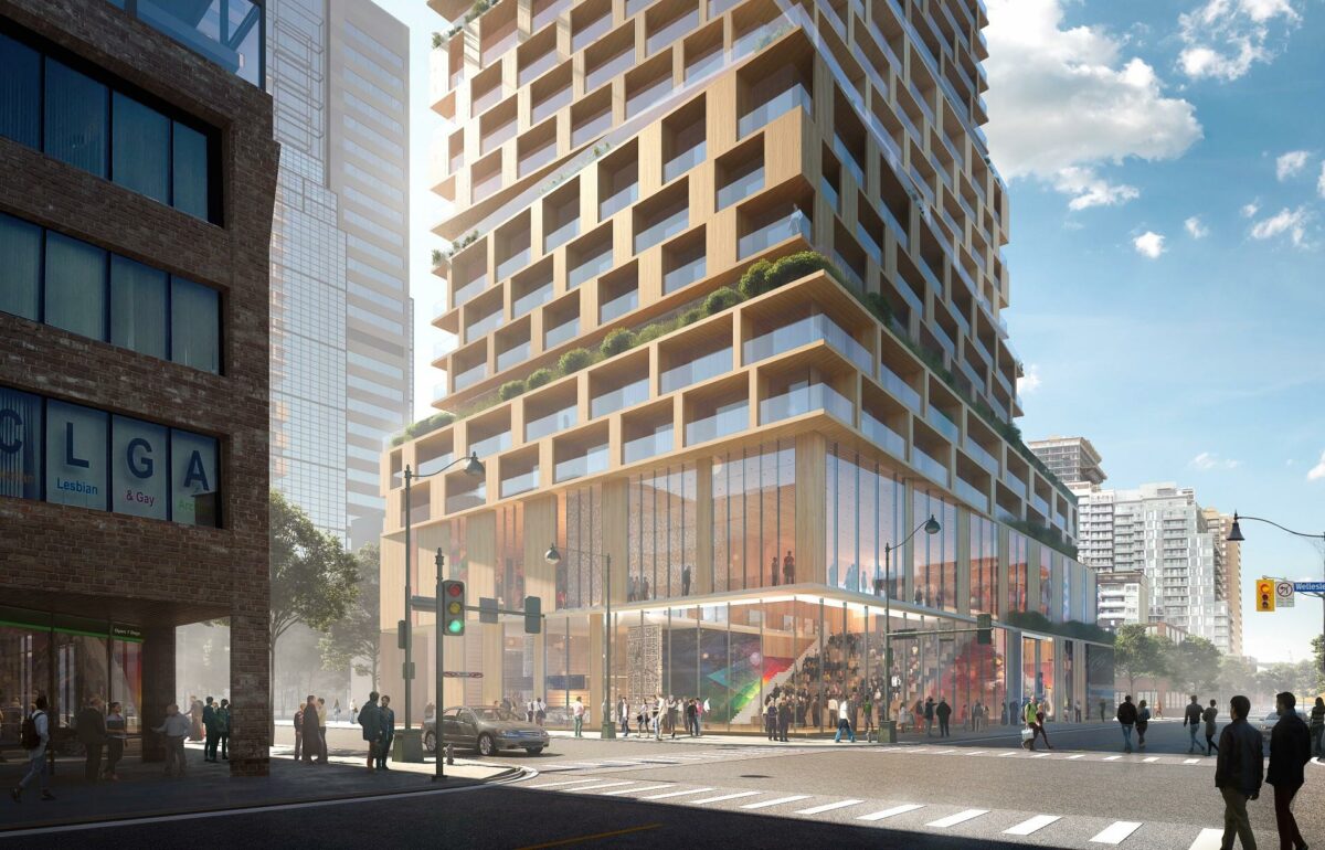 Den nye bygnings base kommer til at indeholde en offentlig plads, butikker og restauranter. Visualisering: 3XN arkitekter