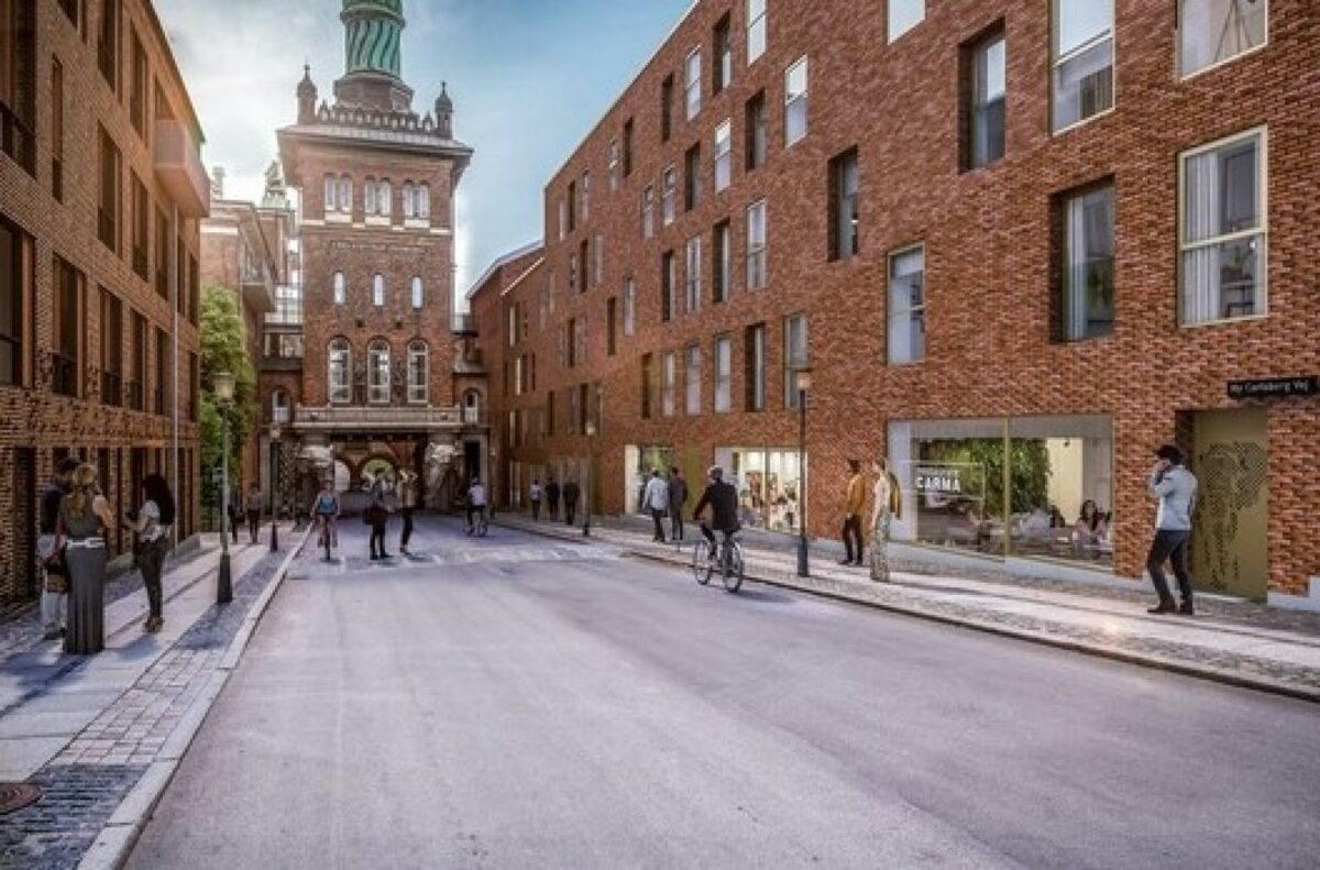 Theodora Hus får adresse på Ny Carlsberg Vej med Elefantporten som nærmeste nabo og omgivet af fredede, historiske bygninger. Visualisering: Cadwalk.