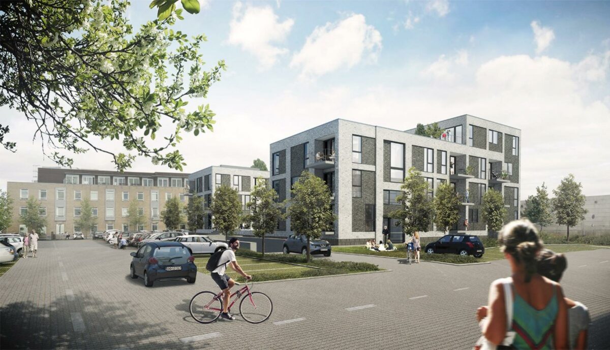 Den ny bebyggelse består af fem bygninger i fire etager. Visualisering: Årstiderne Arkitekter.
