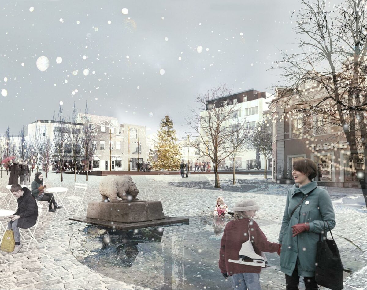 JJW Arkitekters vision for det nye torv i Nykøbing Falster. Visualisering: JJW Arkitekter.