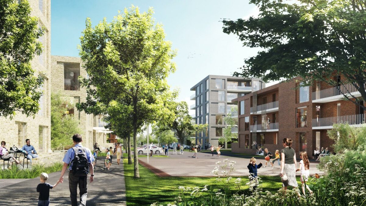Sådan forestiller man sig et af fremtidens gårdrum i den nye bydel.