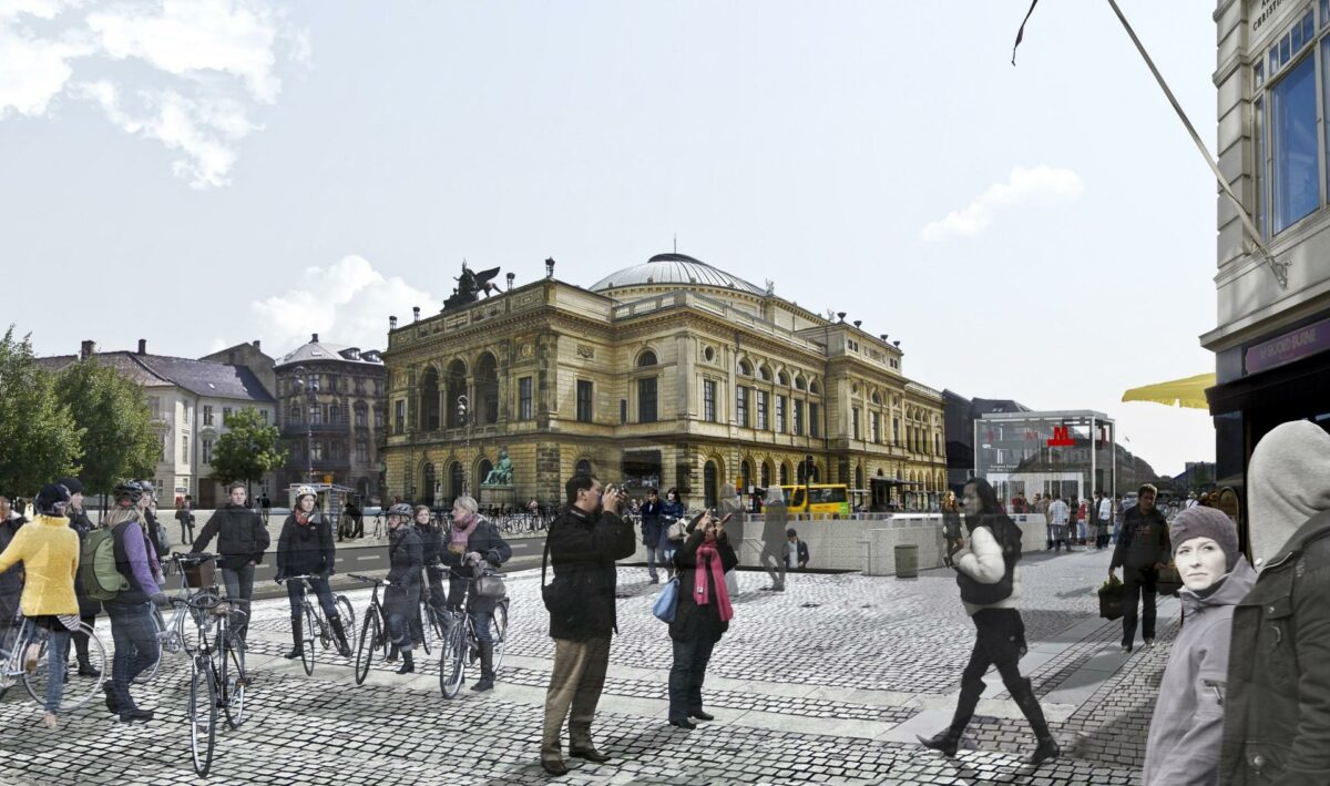 Sådan kommer den nye plads til at se ud, når Cityringen åbner i 2019. Visualisering: Metroselskabet.