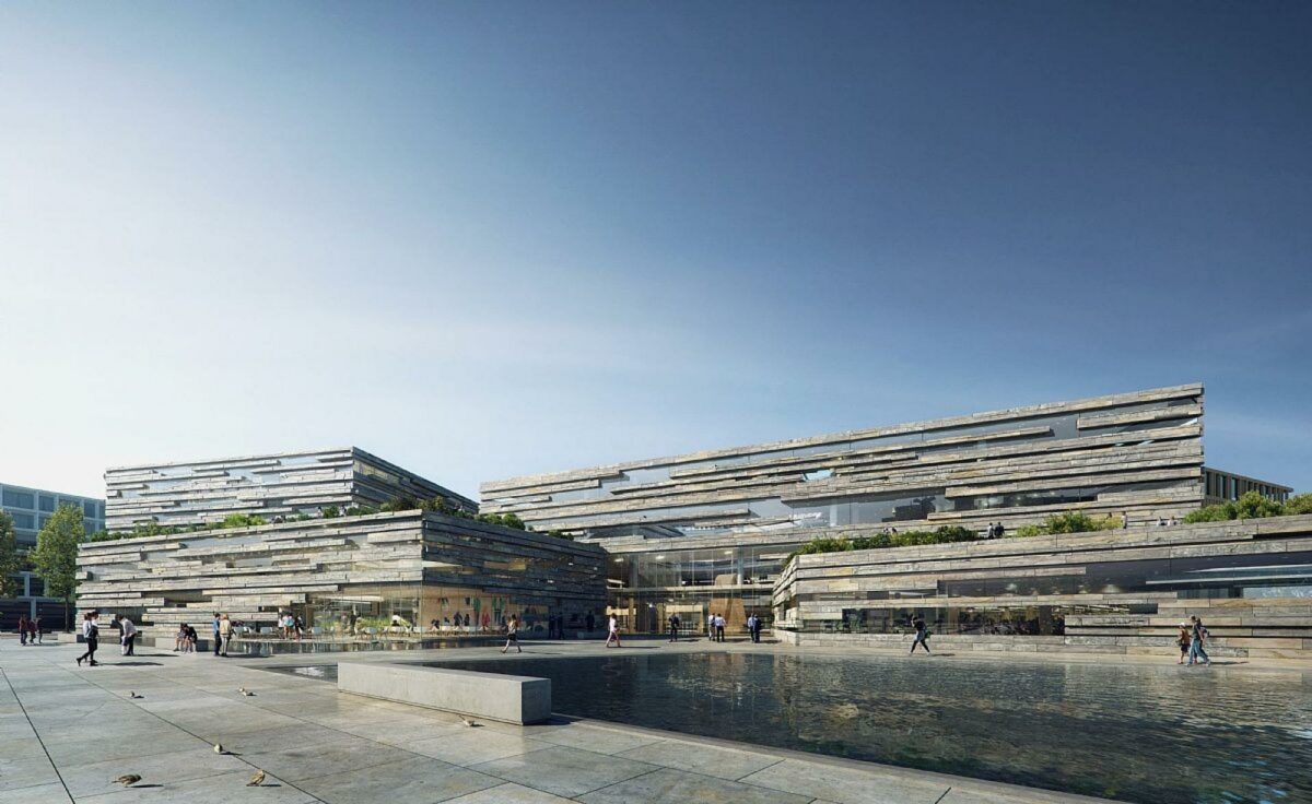 C.F. Møller Architects og Arkthing i samarbejde med C.F. Møller Landscape blev valgt som det vindende team til at tegne den nye bank. Visualisering: C.F. Møller Architects/Arkthing.