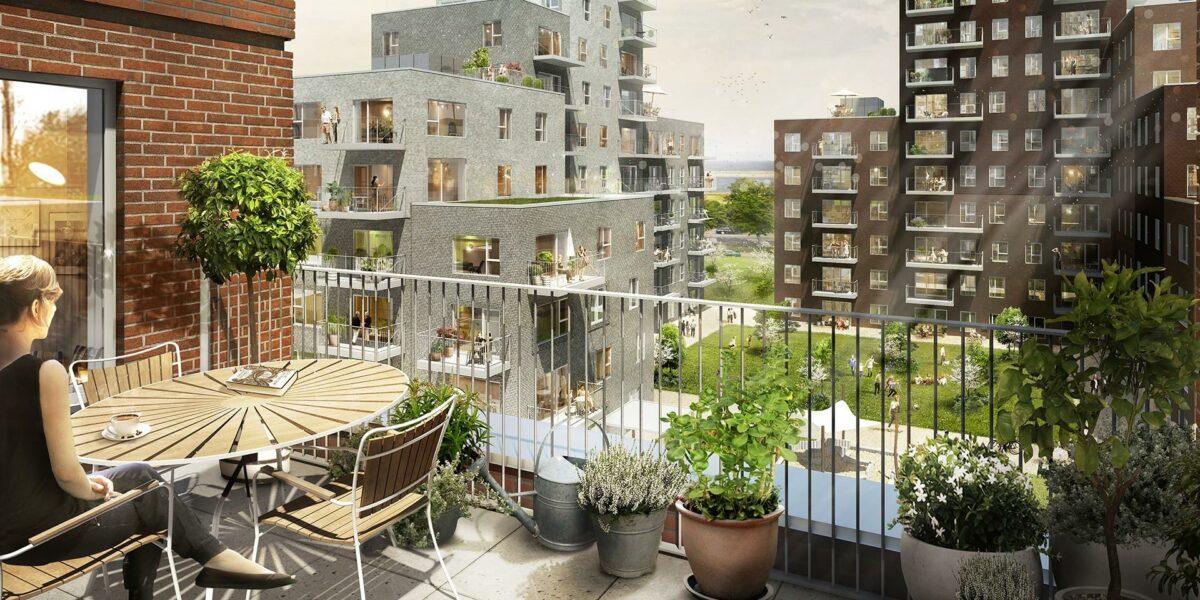 Det store boligbyggeri Greensquare Garden på Amager har opnået guld-præcertificering indenfor bæredygtighedsstandarden DGNB. Visualisering: Årstiderne Arkitekter.