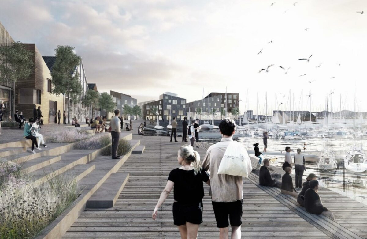 Havnepromenaden bliver rygraden gennem Marina City. Illustration COBE/Kolding Kommune.