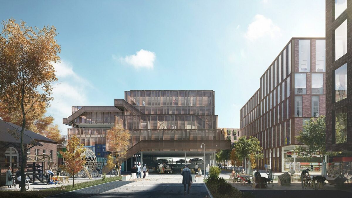 Parkeringshus og butik. Illustration: Link Arkitektur.