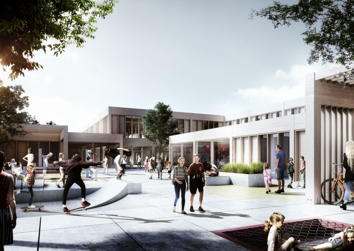 Den kommende Sønder Otting Skole i Haderslev er et af Arkitemas kommende byggerier i træ. Visualisering: Arkitema Architects.