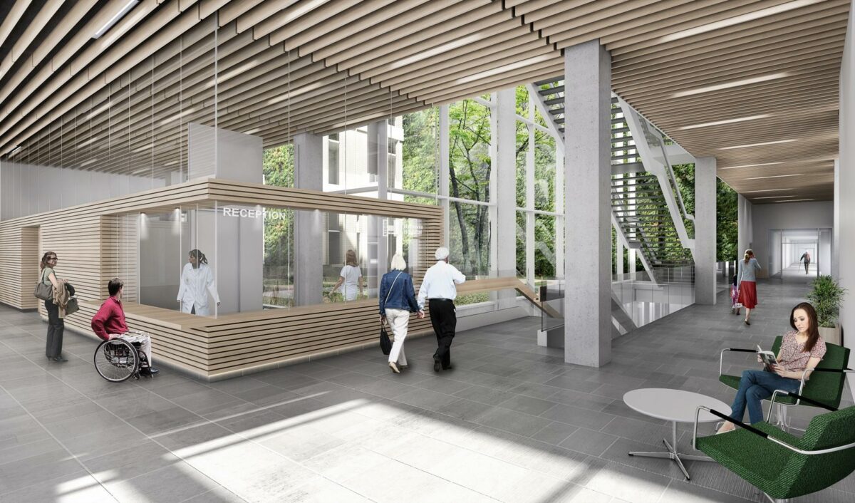 Tegningen viser hovedreceptionen i det nye byggeri, og bagved ses "Bjerghaven" og en af de grønne vægge. Illustration: Schmidt Hammer Lassen Architects