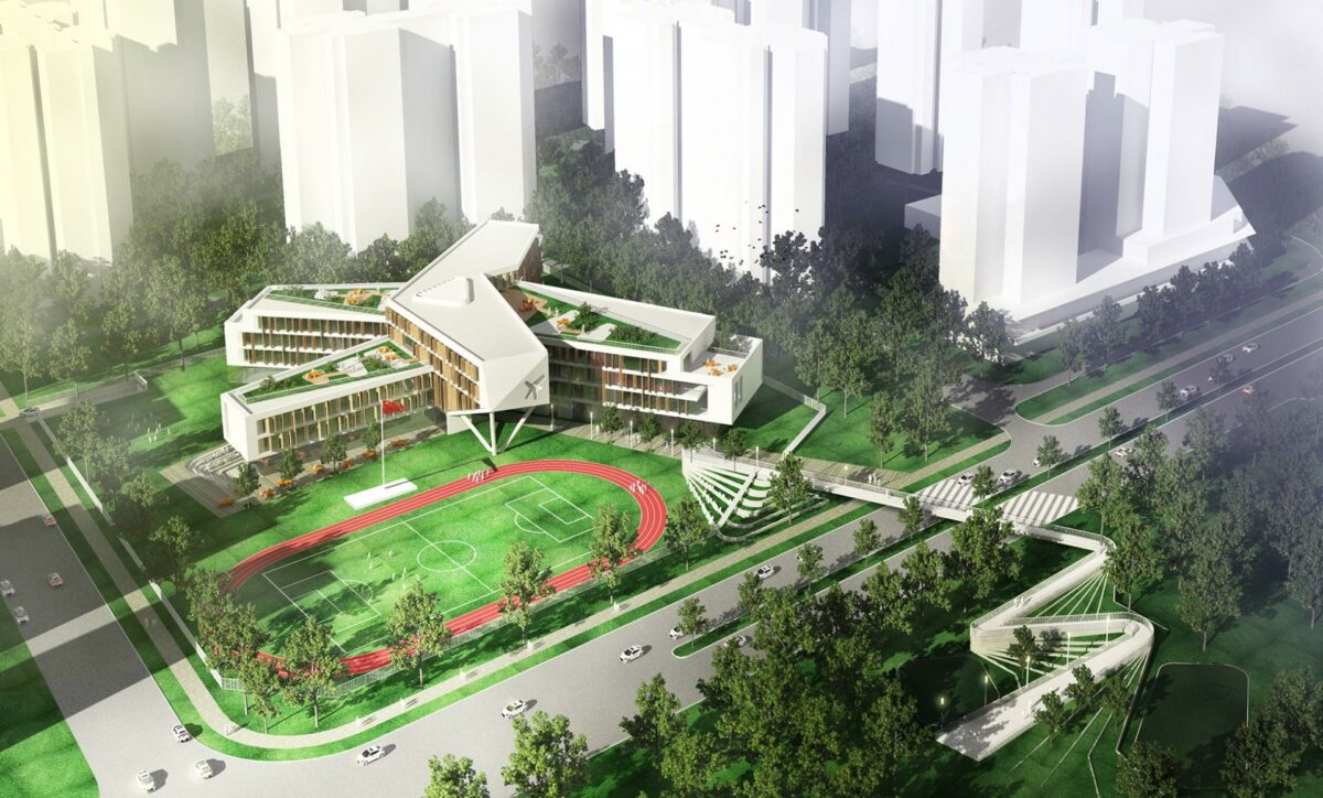 Den nye Primary School i High Tech Zone Chengdu opføres i en helt ny bydel og som del af Chengdu Century Park. Illustration: RUM.