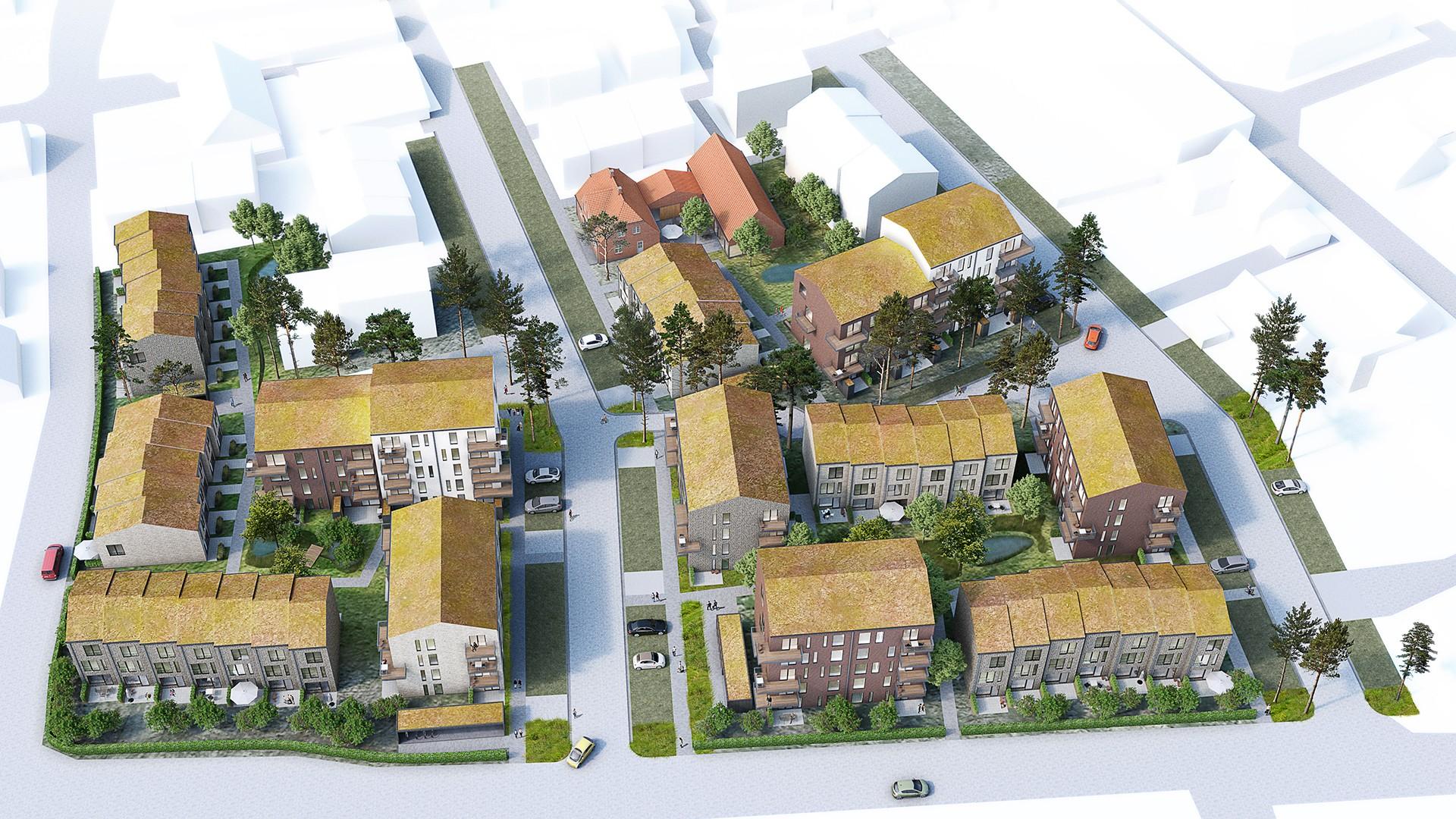 Landskabet er en del af områdets skybrugssikring via permeable belægninger, grøfter og bassiner, der kan optage og tilbageholde regnvandet i ekstreme situationer. Visualisering: Kullegaard.