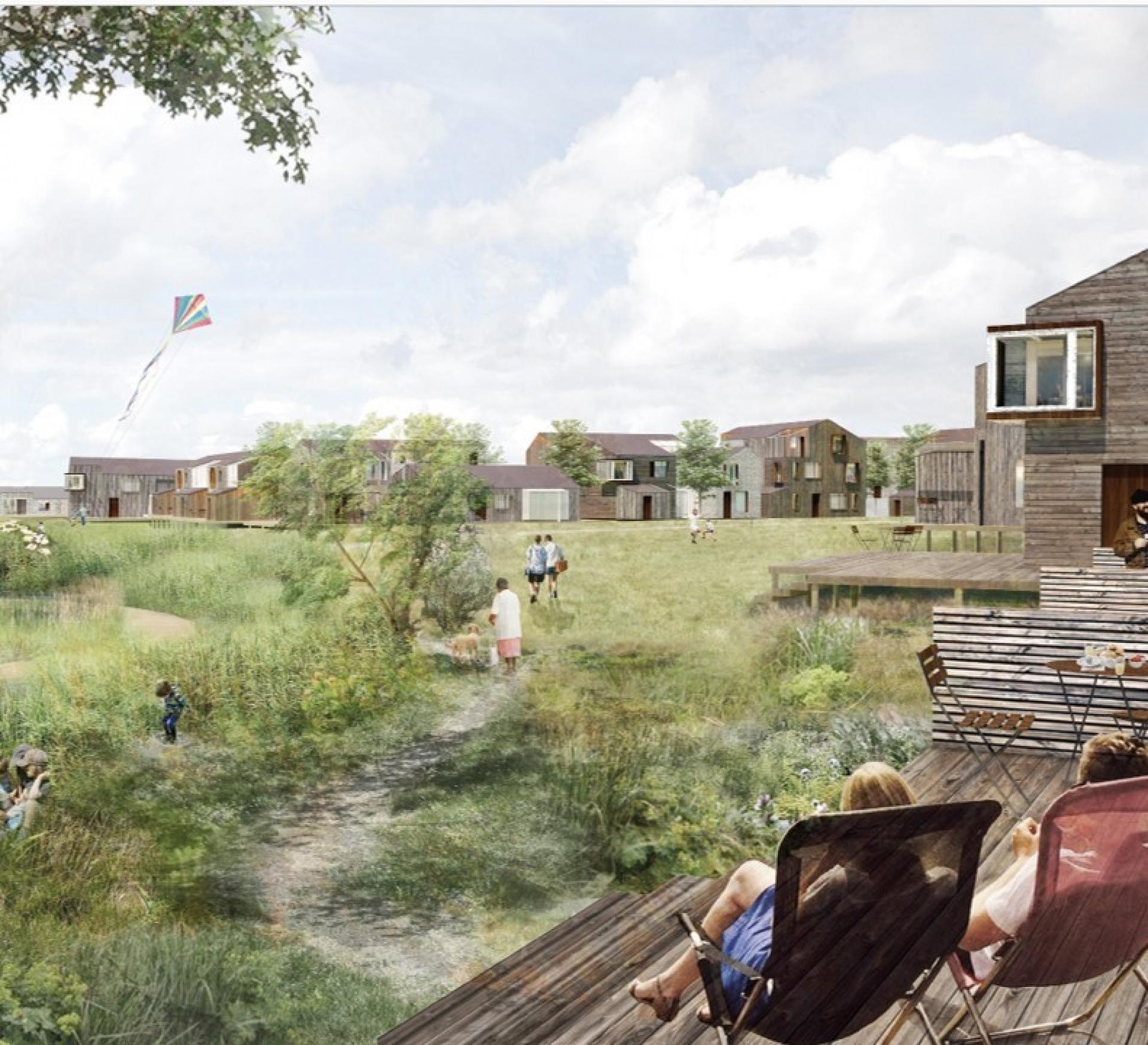Fremtidens forstad med boliger i landskabet. Visualisering: Tegnestuen Vandkunsten.