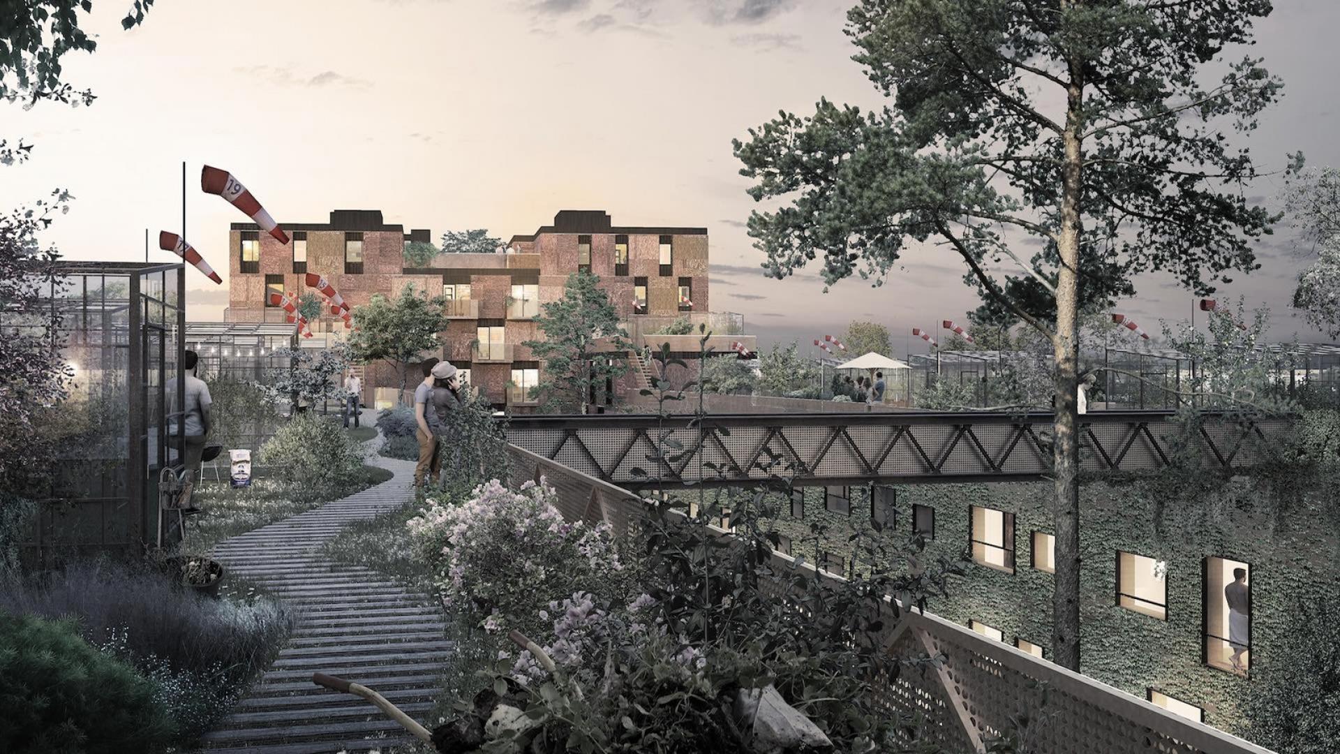 På taget opføres 52 drivhuse med nyttehaver, som er lavet af genbrugt glas. Visualisering: Lendager Group.