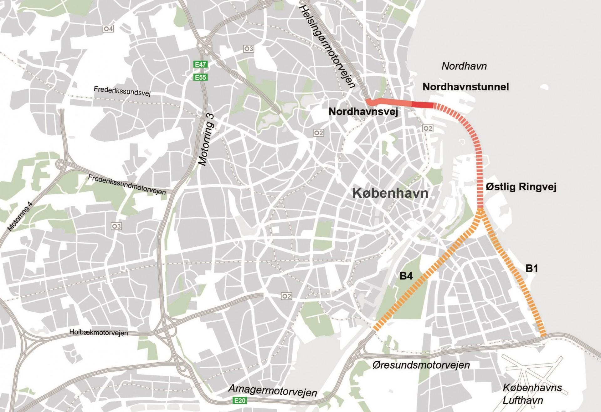 Den mulige linjeføring for den østlige ringvej. Visualisering: Regeringen.