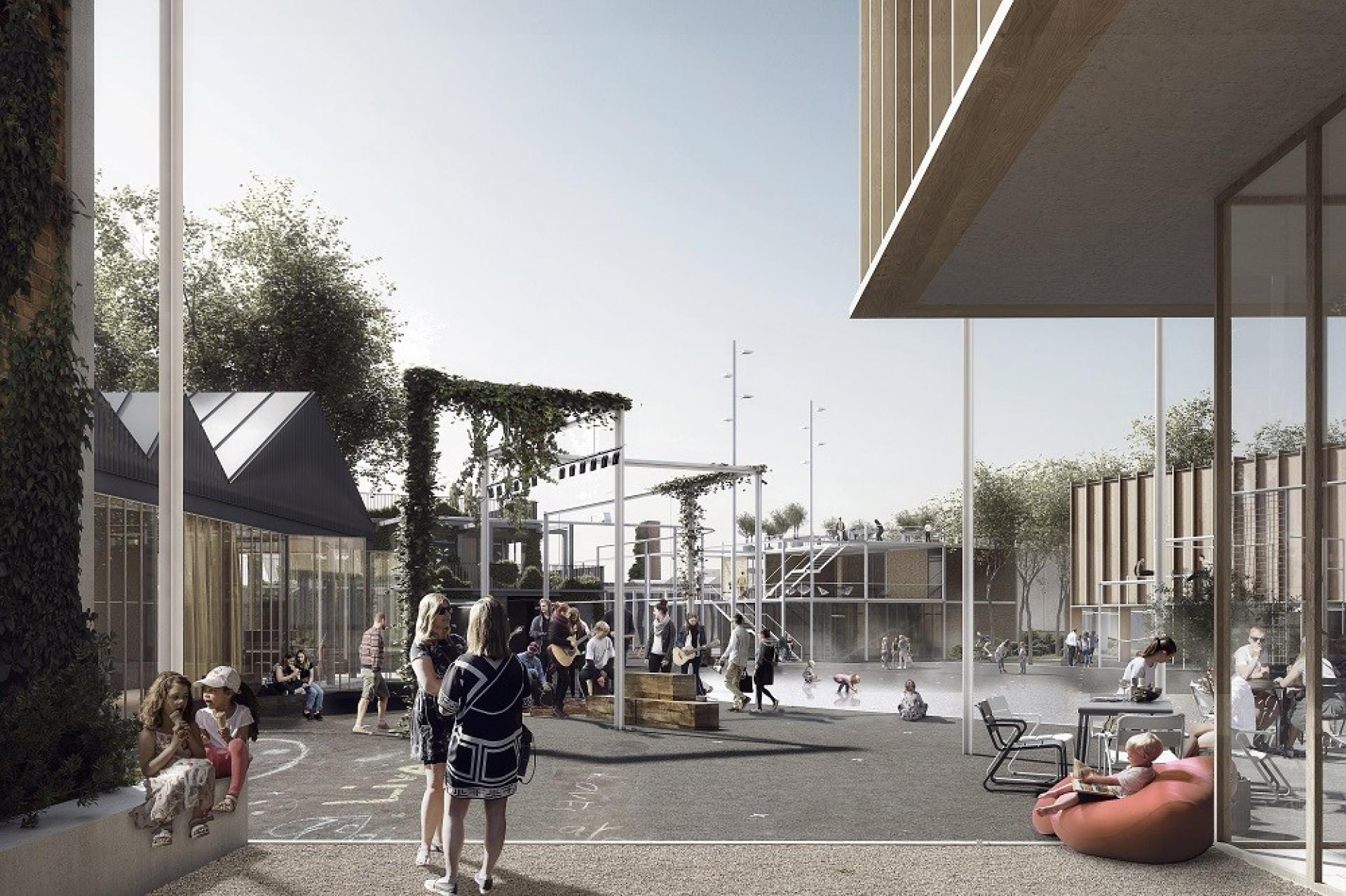 Holscher Nordberg vandt kampen om bymidten. Her kan man tydelig se, hvordan byens aktiviteter skal centreres på et meget lille sted. Illustration: Holscher Nordberg