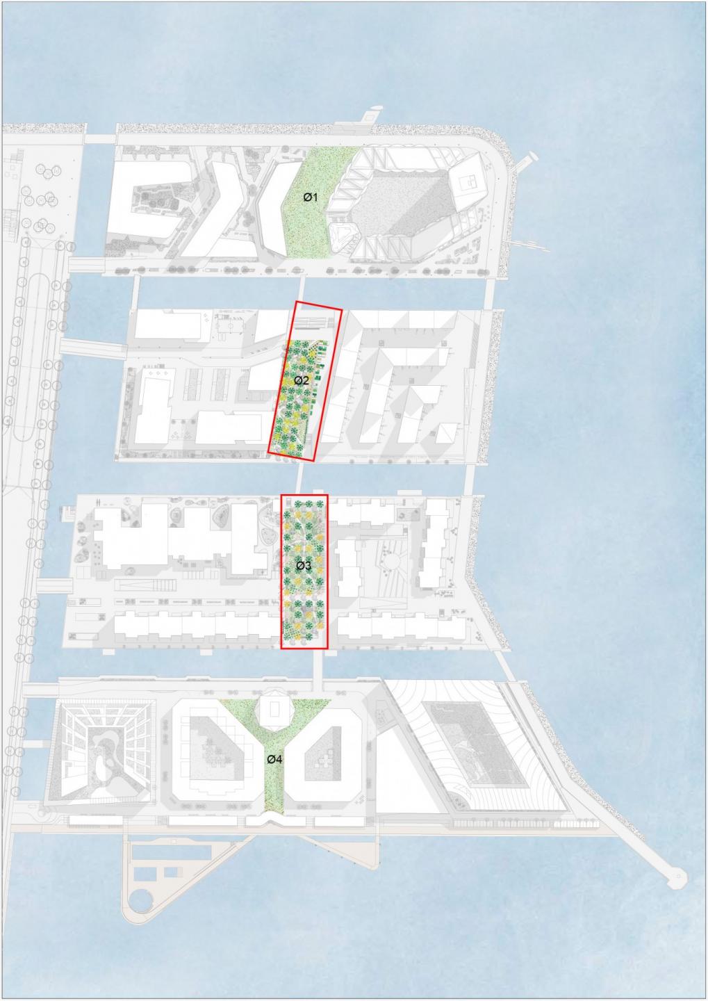 I første omgang etableres Ø-Linjen på øerne 2 og 3. Visualisering: Sleth Arkitekter.
