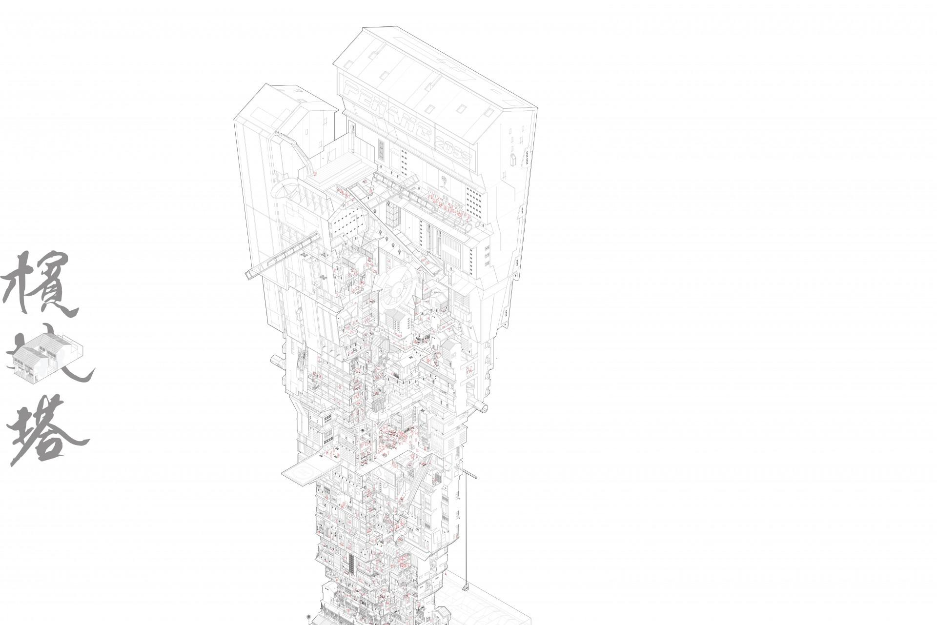 Vinderprojektet Penang 2095 ligner umiddelbart et tårn eller en fabrik. Men det er en vertikal by. Visualisering: Tianjing Lim.