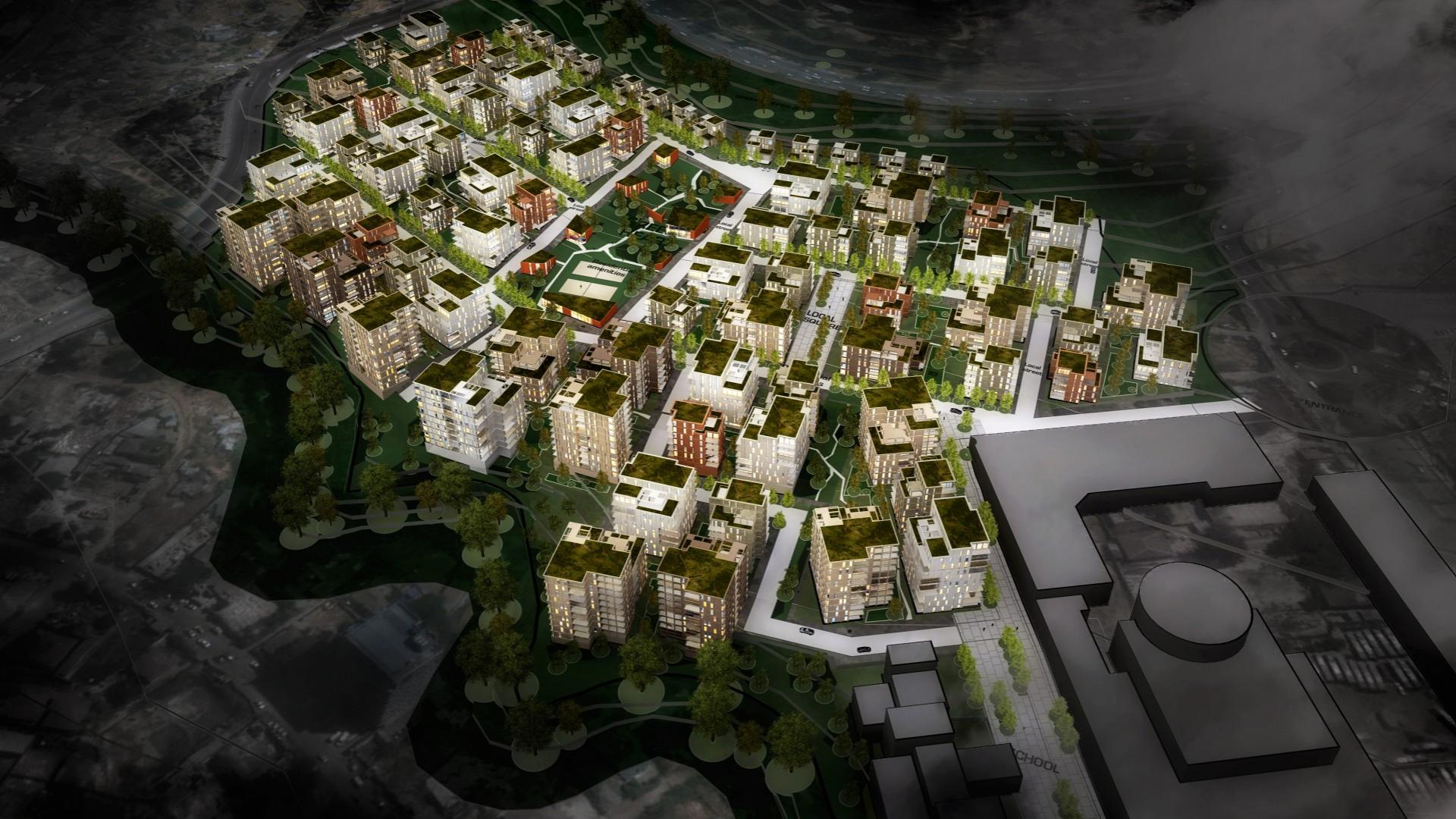 Projektet omfatter både boliger, erhverv, kultur og grønne områder. Visualisering: Juul Frost Arkitekter.