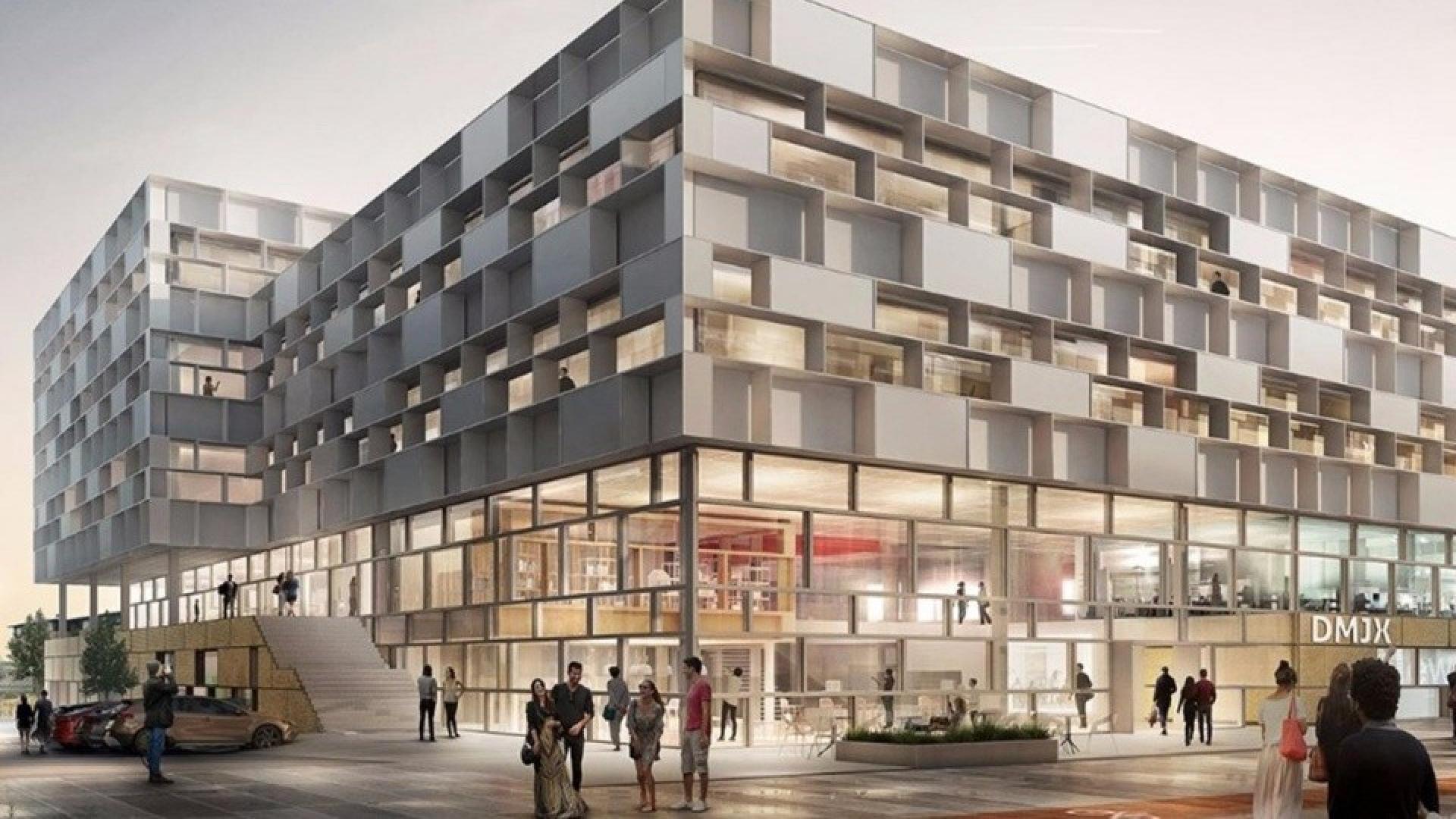 Den nye journalisthøjskole bevarer sin grå facade - akkurat som den nuværende har det. Visualisering: Arkitema Arkitects.