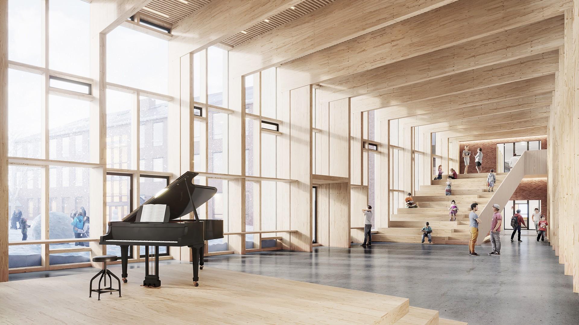 Skolen skal være omdrejningspunkt i lokalsamfundet, mener man hos Kant Arkitekter. Visualisering: Kant Arkitekter.