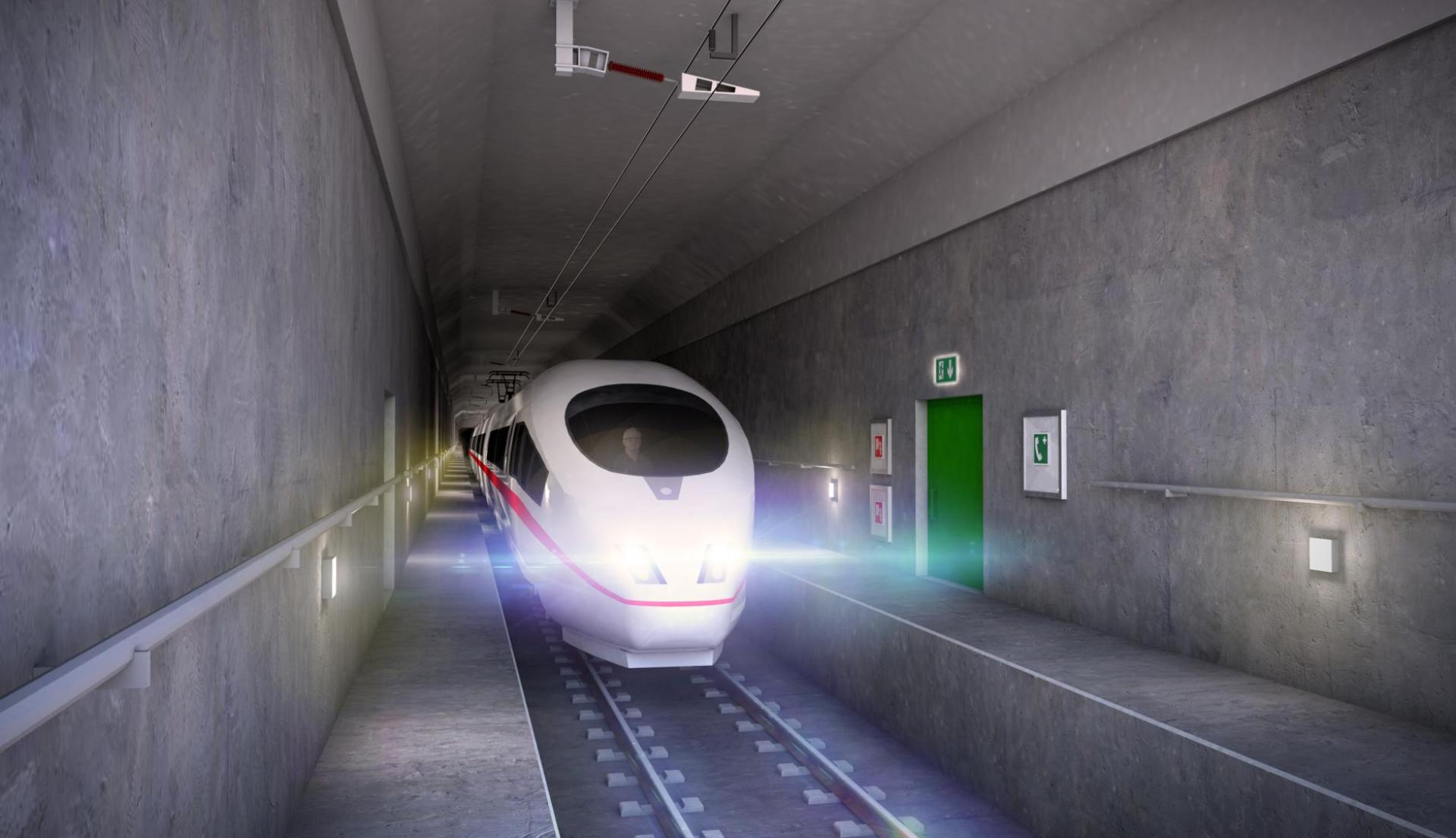Visualisering af togbanen. Visualisation of the railway section. Visualisierung einer Eisenbahnröhre.