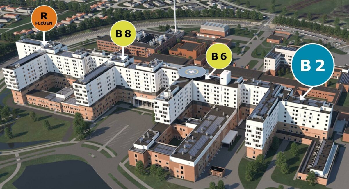 De sidste tre sengebygninger på samlet 90.000 kvm i byggeprojektet er markeret på illustrationen. B2 til bl.a. kræft- og hjertebehandling fremrykkes og åbner året før de to øvrige, B6 og B8. Den første sengebygning, R-fløjen, åbnede i 2023. Visualisering: Region Sjælland