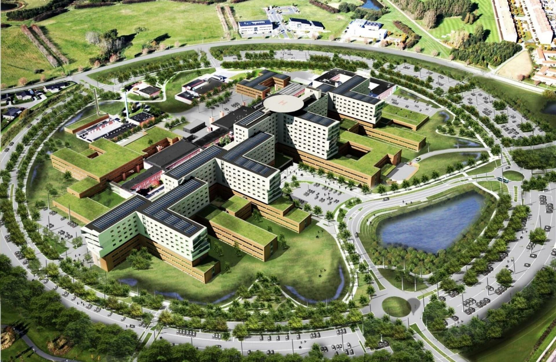Cirka sådan kommer Sjællands Universitetshospital og omgivelser til at se ud, når de sidste sengeafdelinger er færdige og klar til brug i 2026. Visualisering: Region Sjælland