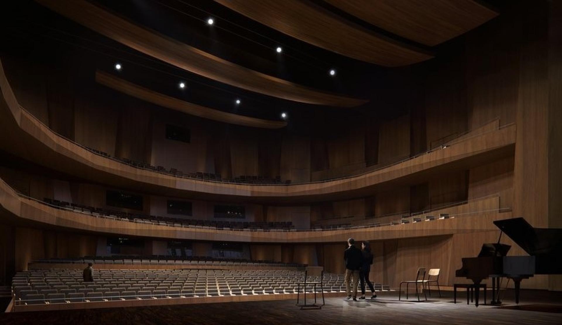 Koncertsalen vil kunne rumme 1.015 tilskuere sammen med yderligere 140 pladser over orkestergraven. Visualisering: Kvant