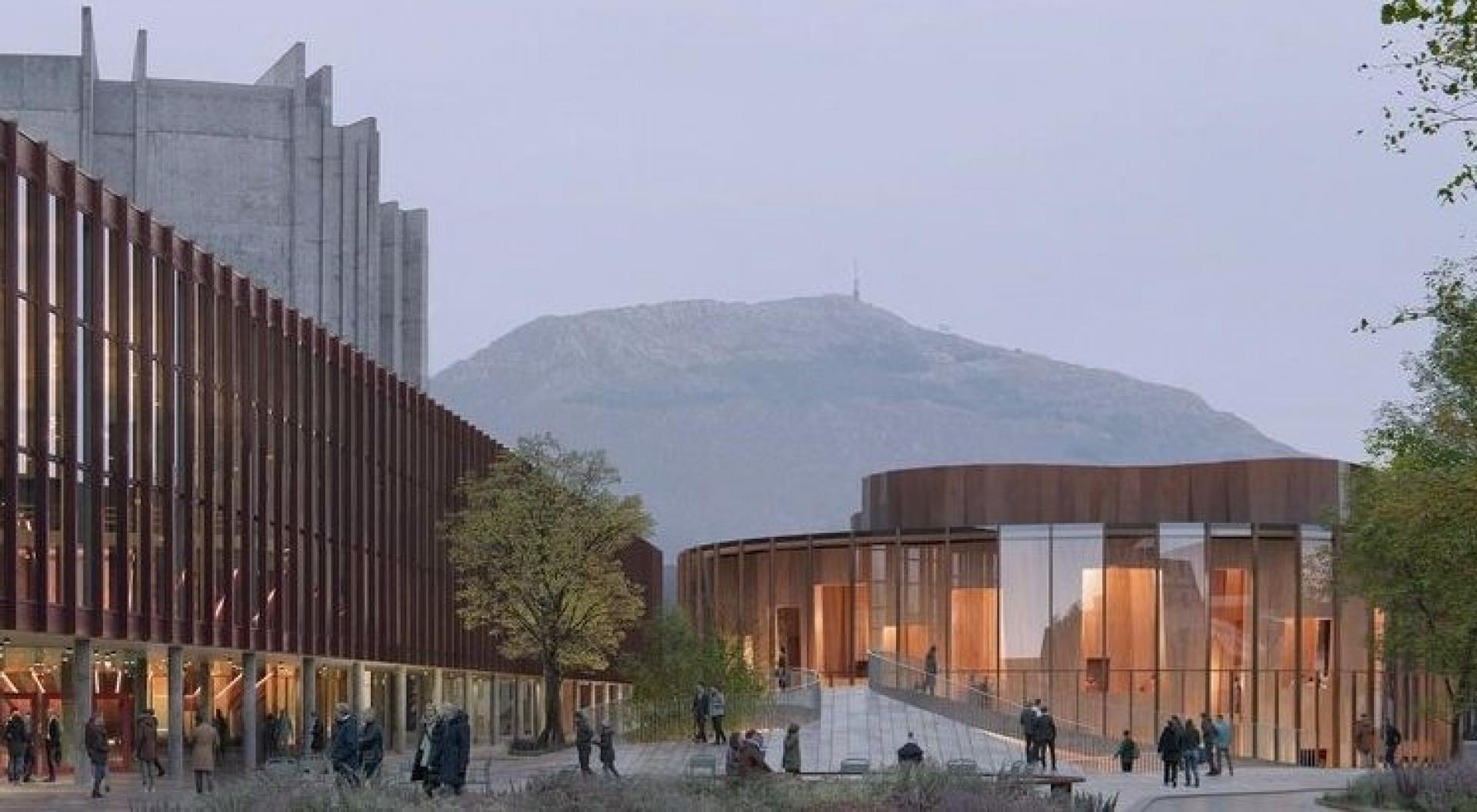 Det nye Grieg-kvarter bliver en tilføjelse til den eksisterende Grieghallen (tv.), der er tegnet af den danske arkitekt Knud Munk. Visualisering: Kvant