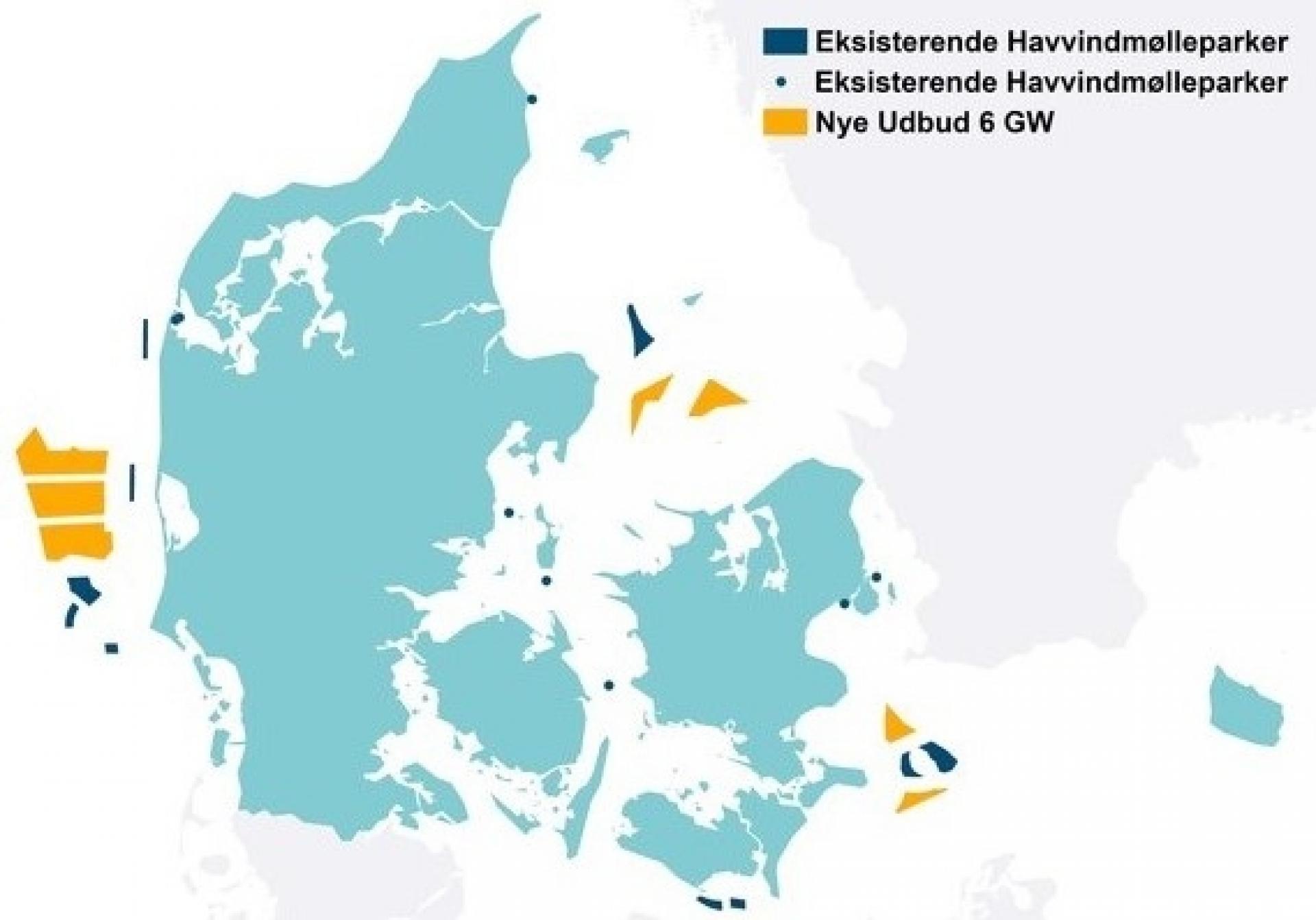 Kort over de udbudte parker samt eksisterende havvindmølleparker i Danmark Energistyrelsen.