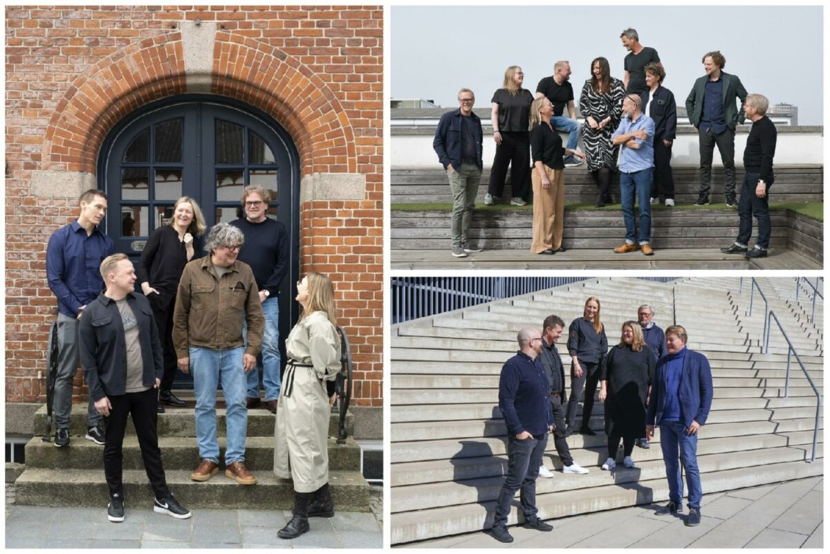 Den samlede partnergruppe i Erik arkitekter anno 2024 består nu af 22 personer. Her er de samlet på tre lokationer på tværs af landet - til venstre i Viborg, øverst til højre ses partnere fra Odense og København og nederst til højre ses partnere og associerede partnere i Aarhus.