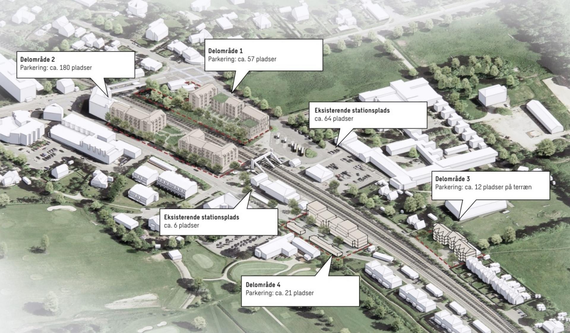 I det præsenterede projekt vil der blive inddraget to arealer i delområde 2 og 4, hvor der i dag er offentlige parkeringspladser. I stedet foreslås etableret ca. 270 nye parkeringspladser i forbindelse med de nye etagebyggerier. Illustration fra DSB Ejendommes præsentation: Sweco Architects