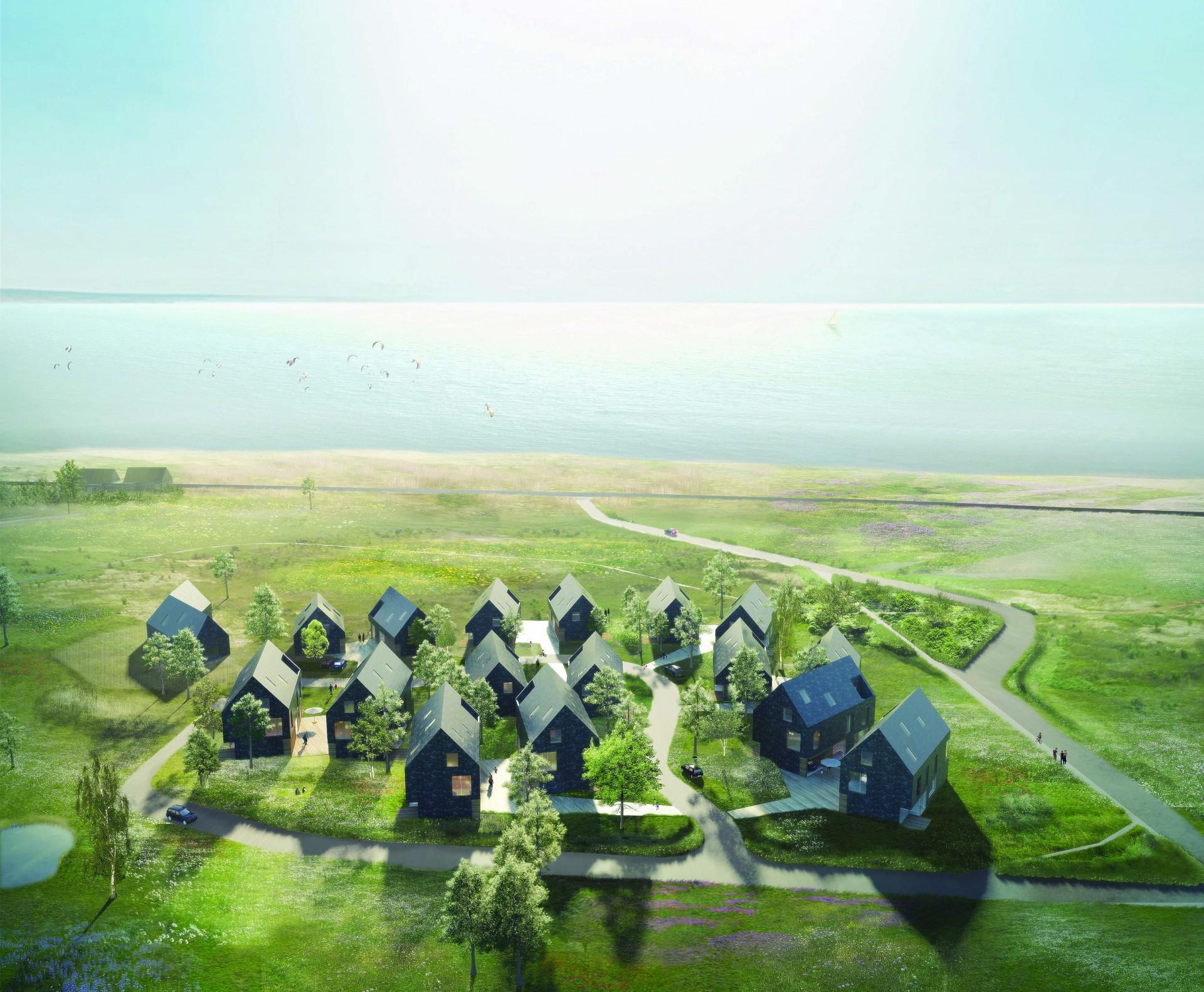 I alt 84 hektar sydøst for Ringkøbing skal over de kommende 30 år omdannes til en bæredygtig bydel med cirka 1.000 boliger. Illustration: Ringkøbing K.