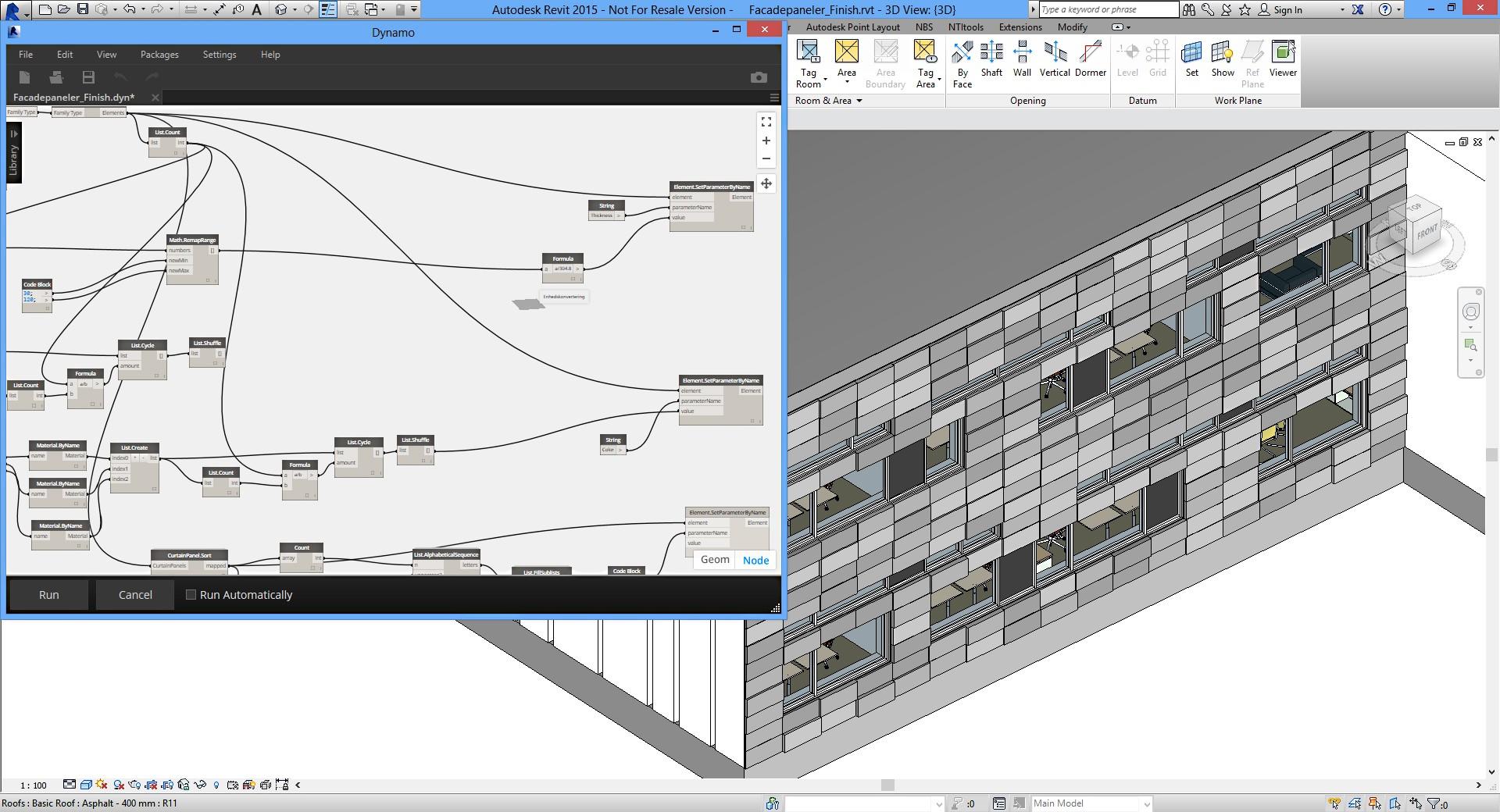 Parametrisk facade programmeret i softwaren Dynamo til anvendelse i Revit Architecture. Illustration: Anders Kaas, NTI CAD center A/S.