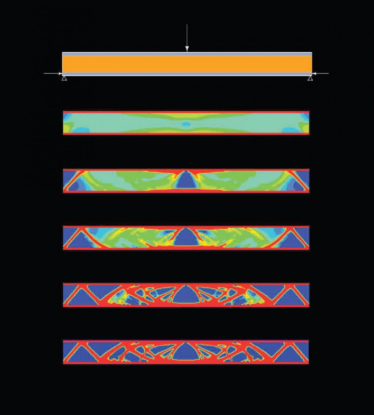 Topologioptimering kendes fra fly- og bilindustrien med letvægtskonstruktioner. En computergenereret proces koncentrerer materiale indenfor en rumlig afgrænsning til de områder, hvor det gør størst statisk nytte. Hermed opstås en form, som gennem mindst muligt forbrug af materiale opnår den stivest mulige konstruktion. Illustration: Asbjørn Søndergaard.