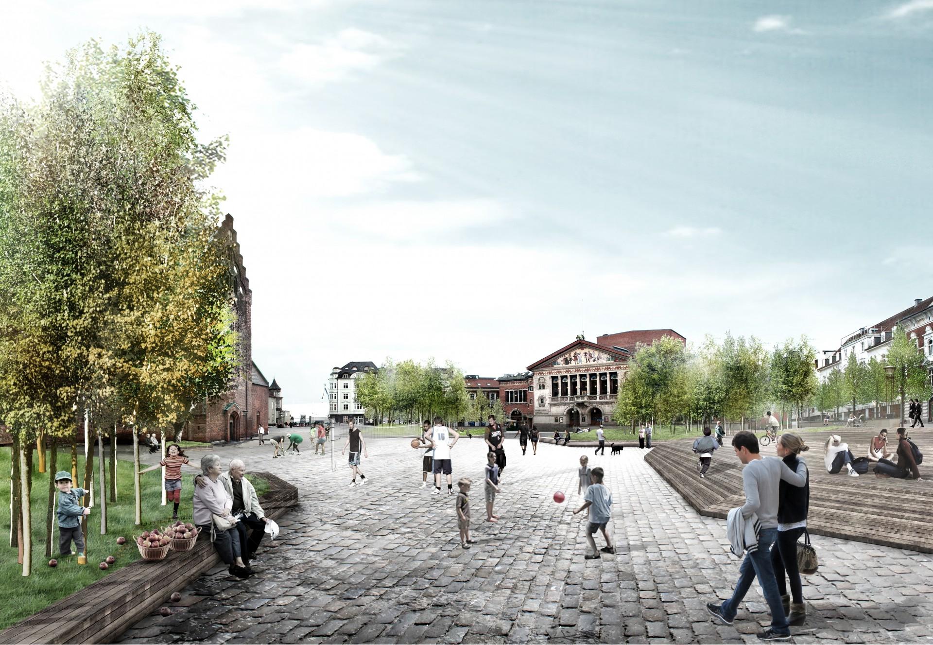 Bispetorvet har i mange år været en parkeringsplads, men skal fremover være et grønt byrum. Visualisering: Schønherr.