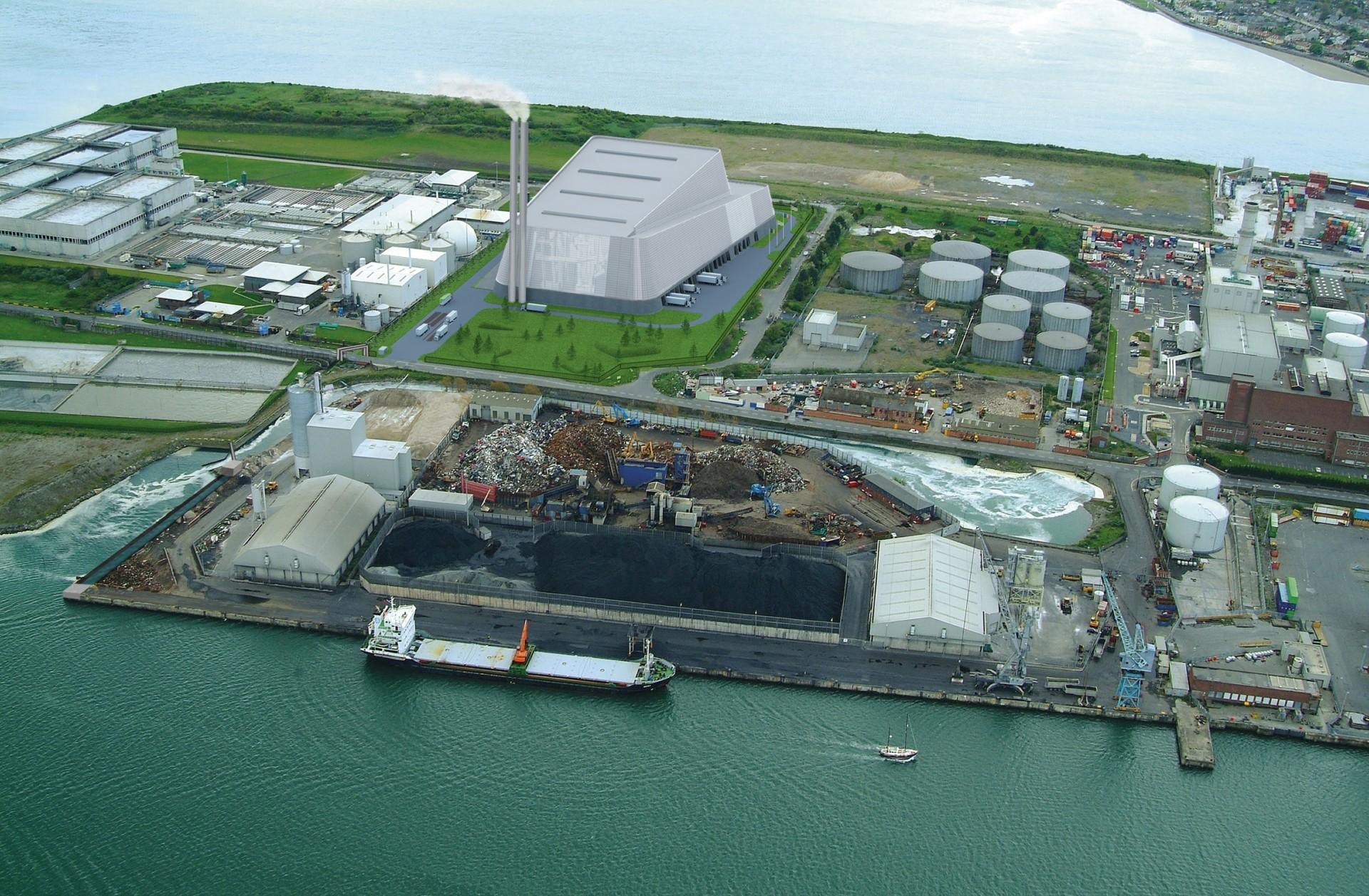 Anlægget skal opføres på Poolbeg-halvøen ud for Dublin, hvilket gør det synligt fra lang afstand. Visualisering: Friis & Moltke.