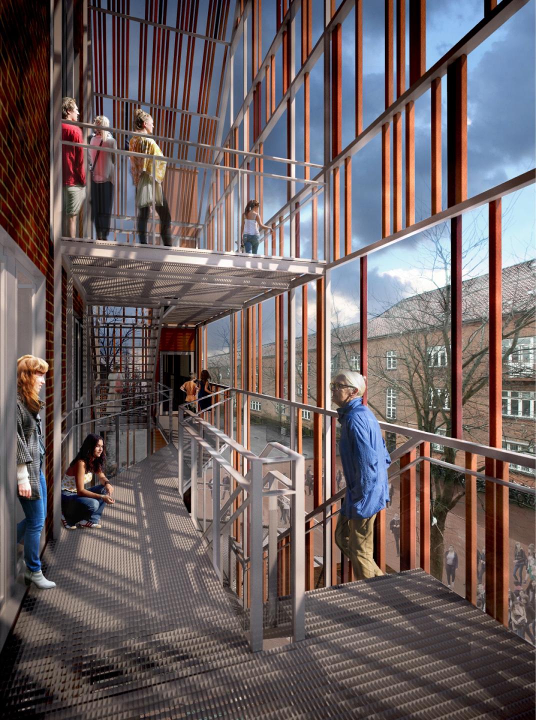 Vinderprojektet, der bl.a. giver Kvartershuset en helt ny og markant indgangszone, skal også bidrage til et løft af bydelen. Visualisering: Dorte Mandrup Arkitekter.