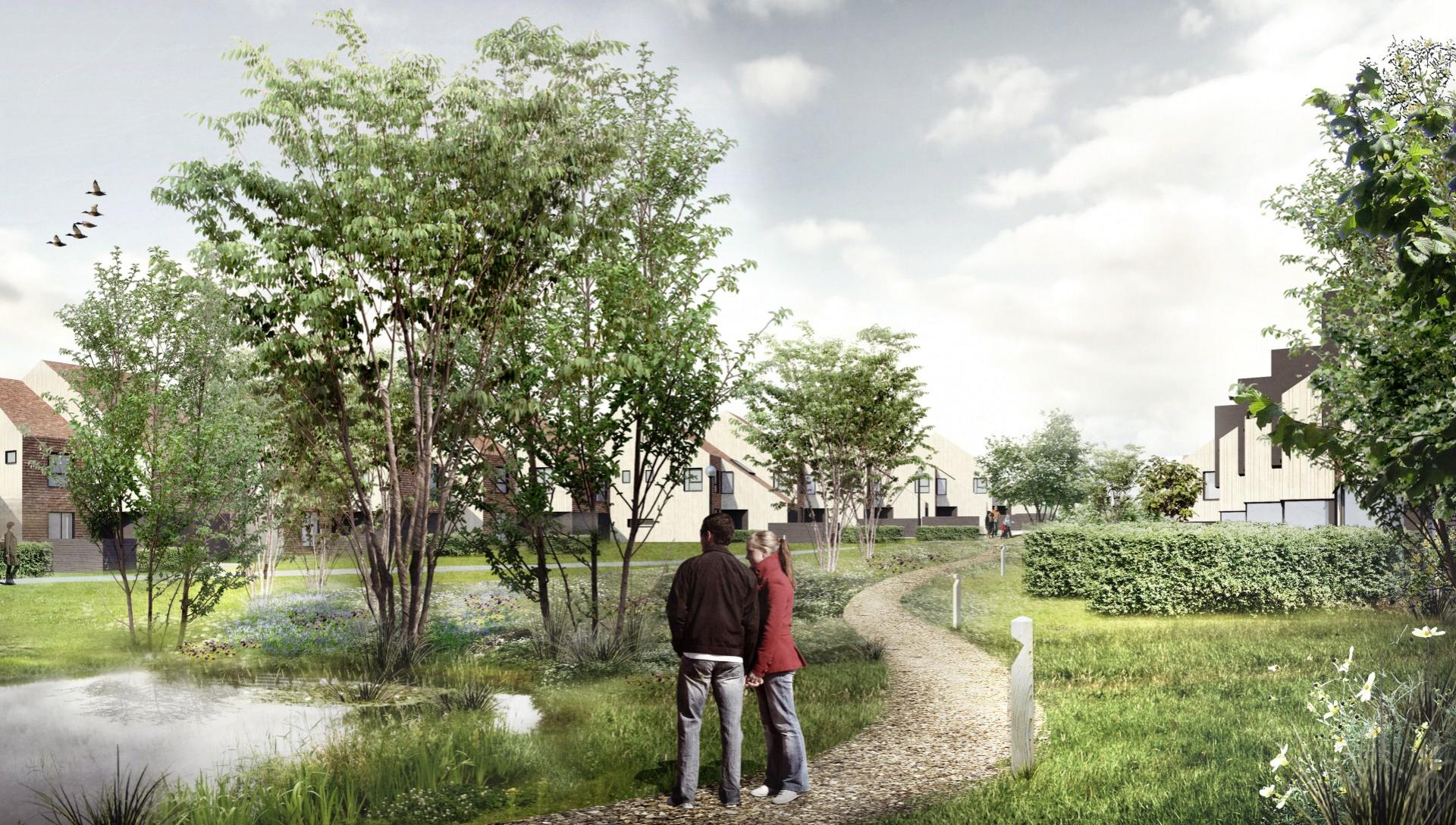 Hovedideen har været at skabe et centralt parkområde, der trækker naturen ind i hjertet af de nye bebyggelser. Visualisering: C.F. Møller.