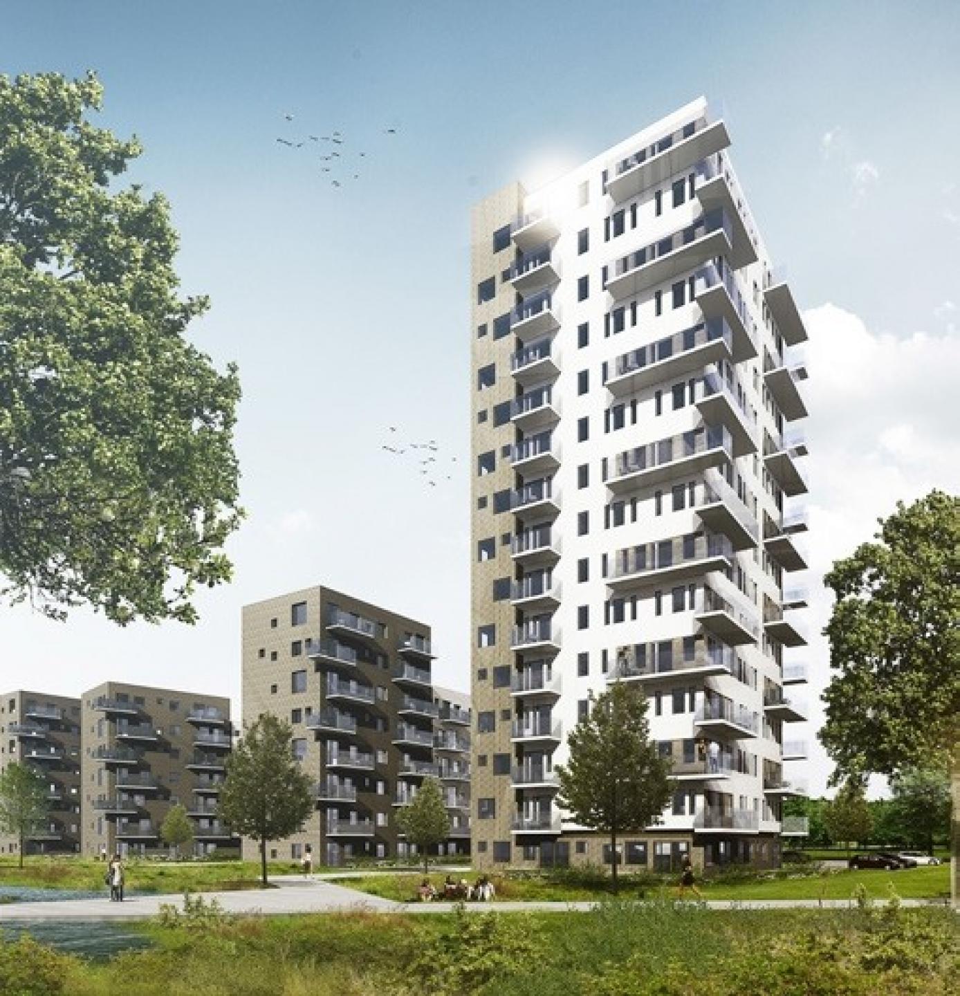 Der har været flere indsigelser mod bygningshøjden på 15 etager, og kommunen har nu ændret lokalplansforslaget, så der kun må bygges i 4-8 etager i delområdet. Højhuset planlægges sløjfet til fordel for bebyggelse i stil med dem, der omgiver højhuset på billedet. Illustration fra det nye høringsoplæg til lokalplan 990.