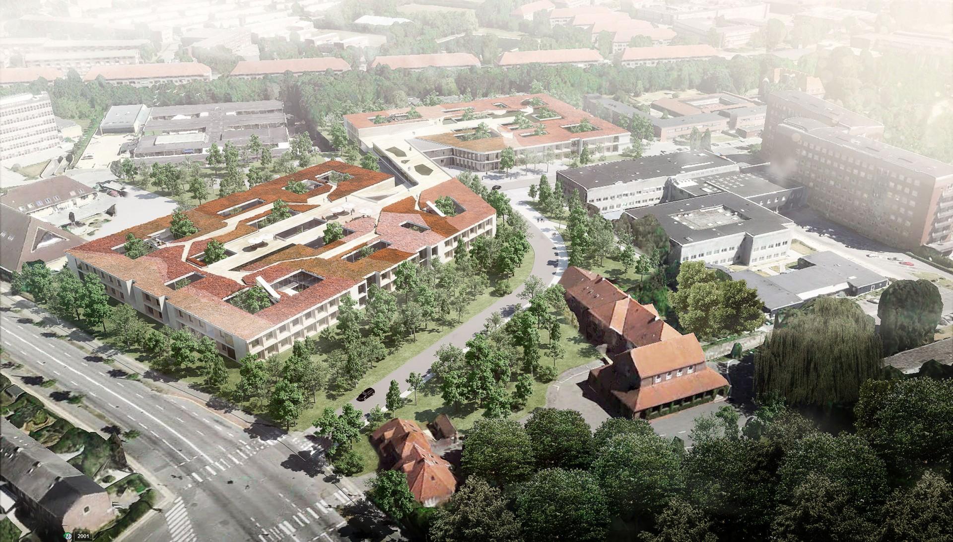 Forslaget fra Henning Larsen Architects og Alex Poulsen Arkitekter byder på en spændende taghave, med adgang fra de enkelte sengeafsnit.