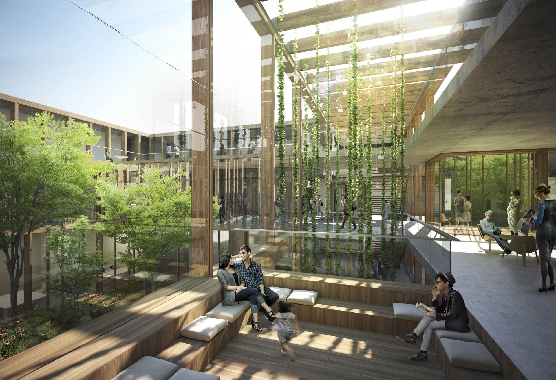 Forslaget fra VK Studio og Mikkelsen Arkitekter danner et tæt funktionelt byggeri, der udfolder sig i det indre med overraskende differentierede store hængende haver.