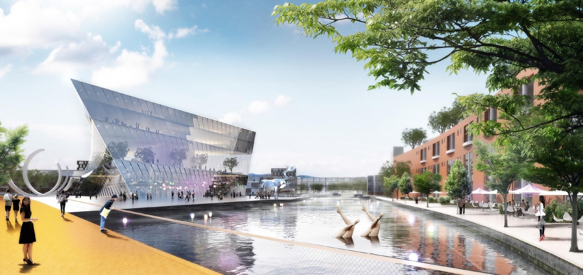 Nyt butikscenter med musikskole på toppen. Visualisering: BIG.